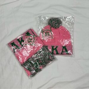 [13] AKA Lightweight Pink and Green Beanie and Scarf Set